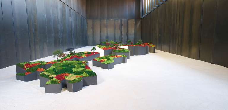 Jardín Japonés :: Topografías del Vacío © 2014. Elementos vegetales liofilizados y preservados, fibra madera, metacrilato, leds, sal. 1200 x 3600 x 140 cm.