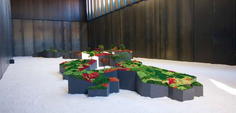 Jardín Japonés :: Topografías del Vacío © 2014. Elementos vegetales liofilizados y preservados, fibra madera, metacrilato, leds, sal. 1200 x 3600 x 140 cm.